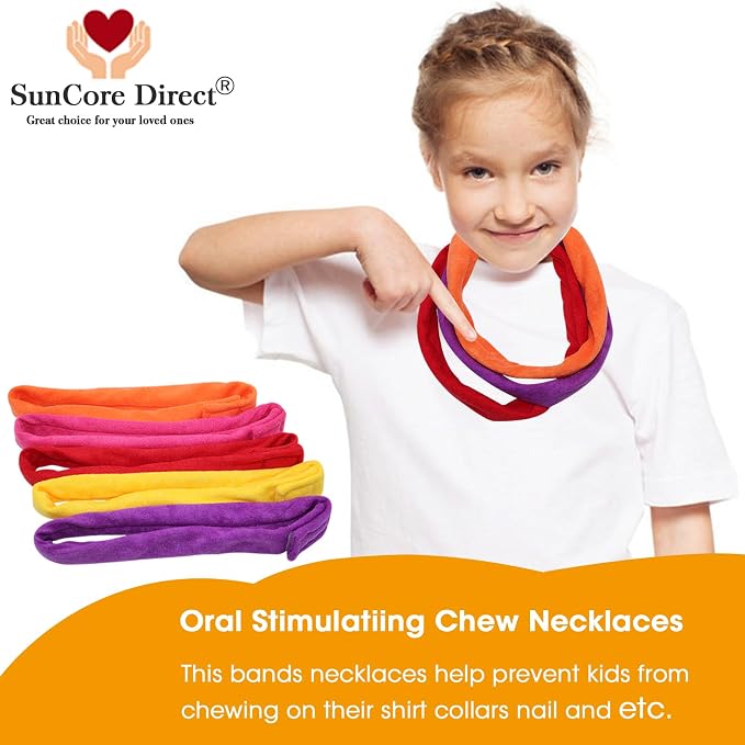 Chew Necklace for Sensory Kids, 8 Pack Terry Cloth Teething Chewy Necklaces for Boys Girls to Chewing, Absorbent Fabric Bands Sensory Products for Chewers with Autism, ADHD, SPD, fidgeting, Anxiety