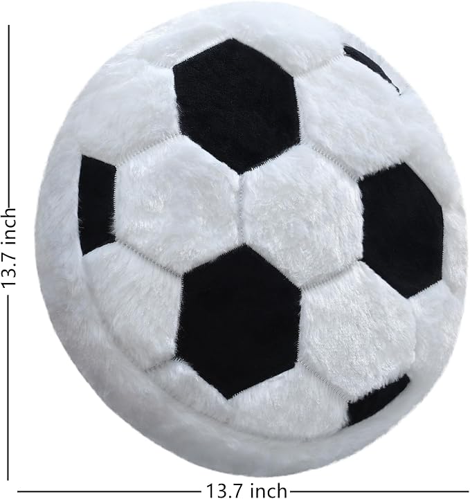 Soccer Pillow - Fluffy Plush Throw Pillow, Soft Stuffed Round Cushion, Decorative Sports Toy Gift for Kids, Boys, Girls, Child, Baby Room Decor