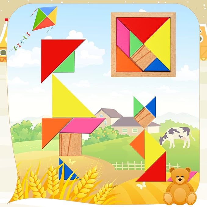 Jerify 5 Pack Wooden Tangram Puzzle for Kids Wooden Hexagon Puzzle Block Teaser Geometric Shapes Tangram Games for Boys Girls Toddler 1-3 Jigsaw 3D Logic IQ Game Gift