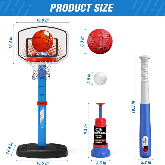 HYES 2 in 1 Kids Basketball Hoop and T Ball Set - Adjustable Height, Kids Baseball Tee with Automatic Pitching Machine, Indoor Outdoor Sport Toys Gifts for Toddler Boys Girls Age 1-5, Blue