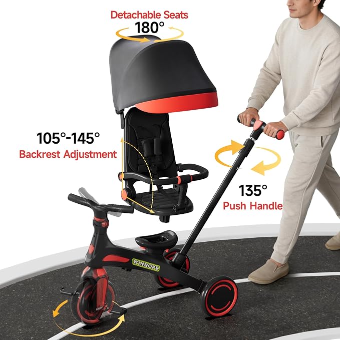 Winhope Kids Tricycle, 6 in 1 Baby's Tricycle Toddler Trike with Adjustable Push Handle, Reversible Seat and Canopy, Baby Stroller for 1-6 Year Olds, Suitable for Outdoor Activities(Red)