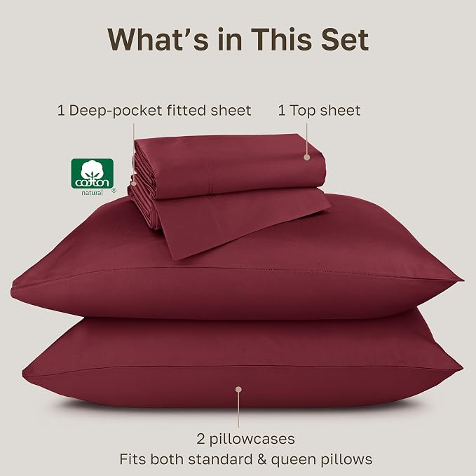 California Design Den Natural 100% Cotton Sheets Queen Size Bed Set Deep Pockets - Luxury Hotel 800 Thread Count, Soft Sateen Cotton Bed Sheets Queen, Durable Bedding Set - Red Wine