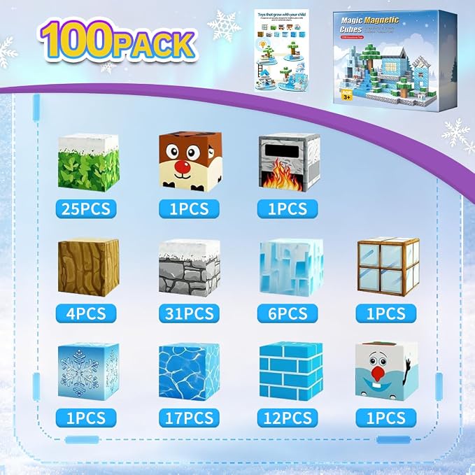 Ice Castle Magnetic Cubes 100PCS - Frozen Kingdom Themed Magnetic Blocks Set for Kids Ages 3+, STEM 3D Magnet Tiles Educational Construction Toys Sensory Montessori Stacking Blocks Gifts Girls Boys