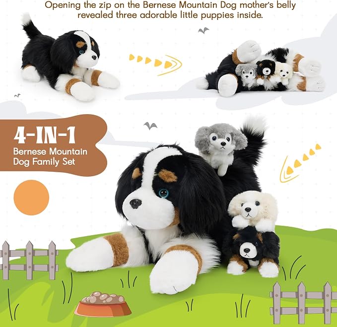 Tezituor Dog Stuffed Animal,26 Inch Border Collie Plush Toys Set with 3 Puppies,Realistic Mommy Dog Plush,4PCS Black White Puppy Plushies,Soft Dog Plush Gift for Girls Boys Kids Birthday Christmas