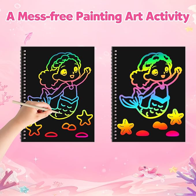 ZMLM Scratch Paper Art Craft: 2 Pack Rainbow Scratch Set for 3 4 5 6 7 8 9 10 Years Old Girls Boys Students Drawing Coloring Black Magic Art Supplies Kits Gifts School Birthday Party Toys (Mermaid)