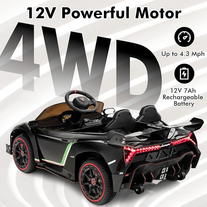 INFANS 2 Seater Kids Ride on Car, 12V 4WD Licensed Lamborghini Veneno Powered Electric Vehicle with Hydraulic Doors, Rocking Mode, Adjustable Speeds, Remote Control, MP3, Headlight (Black)