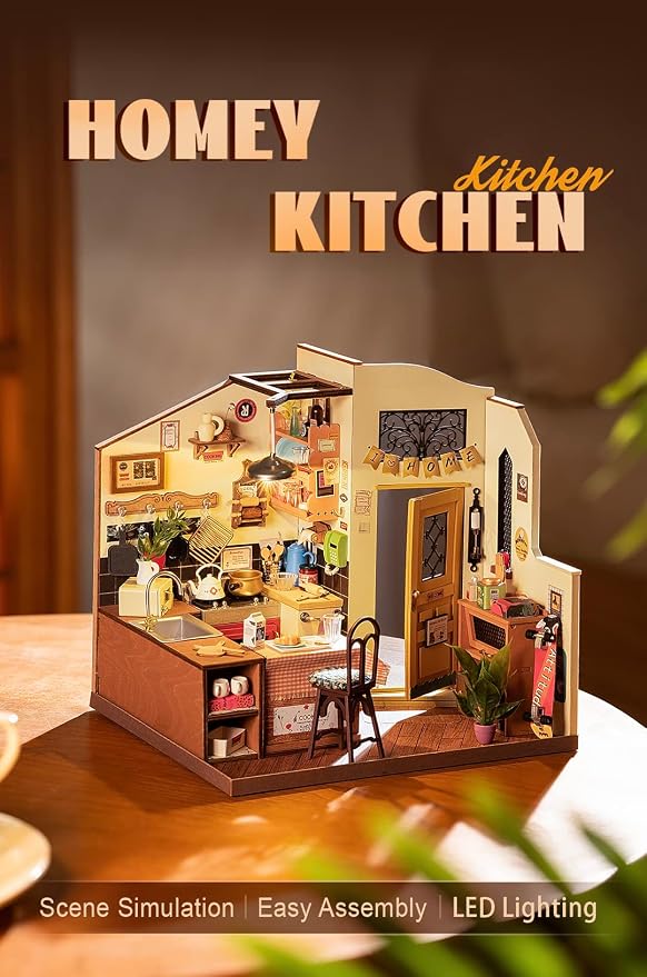 Rowood Miniature House Kit,DIY Miniature Dollhouse Kit for Adults,Wooden Table Collection Model Kits to Build,Birthday for Adult(Homey Kitchen)