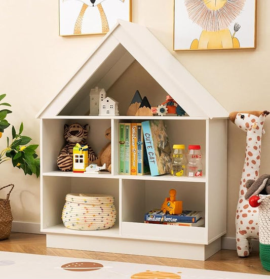 Costzon Kids Dollhouse Bookshelf, 3-Tier Wooden Open Bookcase for Toys and Books, Baby Bookshelf and Toy Storage Organizer, Book Shelf for Kids Rooms, Playroom, Nursery, Classroom (White)