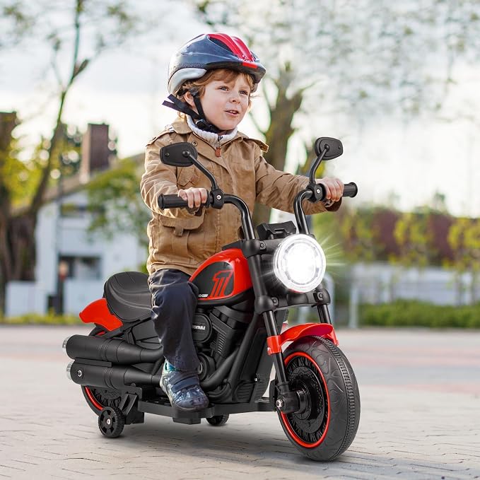 Costzon Toddler Motorcycle, 6V Battery Powered Electric Motorcycle with Detachable Training Wheels, Soft Start, Headlights & Music, Kids Motorcycle Ride on Toy for Toddlers Boys Girls 18+ Months (Red)