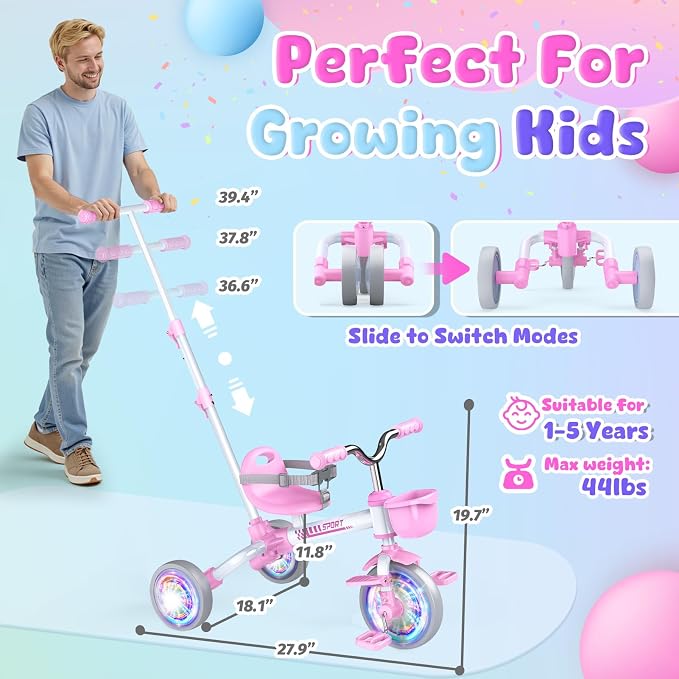 Kkdi 5 in 1 Toddler Bike for 1-5 Year Old, Tricycle with Push Handle, Convertible Baby Balance Bike, Bicycle, Color Light Wheel & Detachable Pedal, 4-Position Seat, Toddler Girl Birthday Gift, Toy