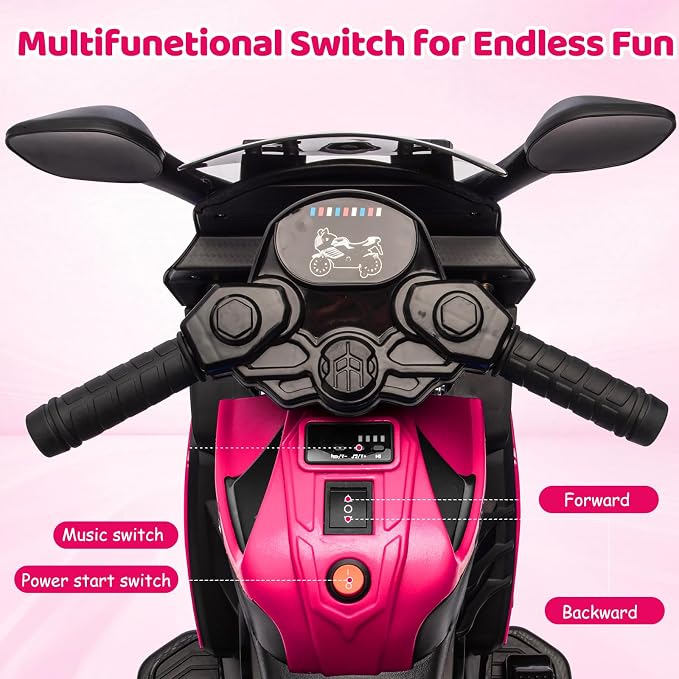 Kids Ride On Motorcycle, 6V Battery Powered Electric Motorcycle, w/Treaded Tires, Horn, Working Headlight, Music, Training Wheels, Stable Ride On Toys for Kids Toddler Boys Girls 3-6, Rosy