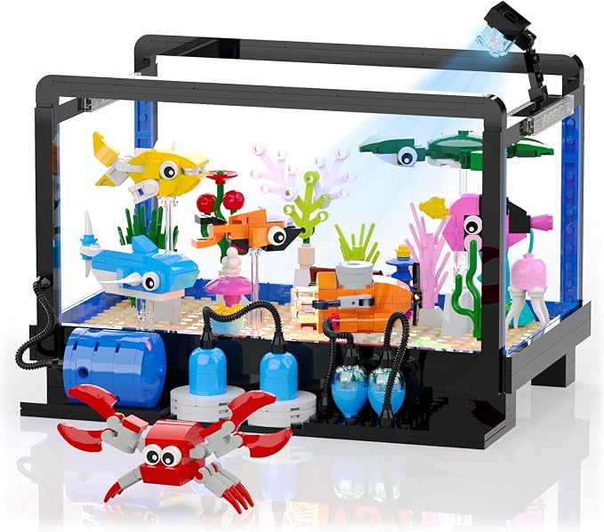 Tenhorses Fish Tank Building Block Set, Lighting Aquarium Sets Including Marine Life, a Submarine and a Treasure Chest, Building Block Toy for 6+, Gift for Sea Lovers.