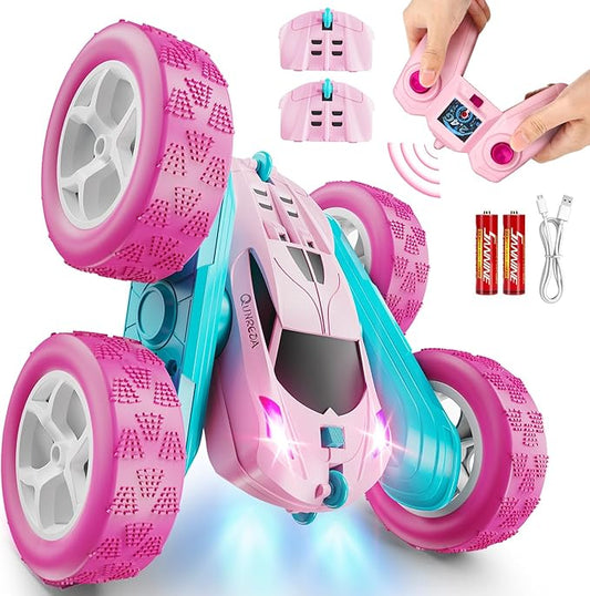 QUNREDA RC Cars, Pink Remote Control Car for Girls, 2.4 GHZ Double Sided RC Stunt Car 360° Rotating Remote Control Crawler with Headlights Car Toys for 6 7 8 9 10 11 12 Girls Birthday Gift Grandkids