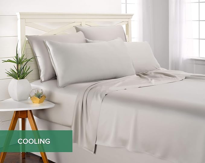 Pure Bamboo Split King Sheets, Genuine 100% Organic Viscose Derived from Bamboo Bed Sheet Set, Soft & Cooling, Double Stitching, 2 Fitted Sheets (Split King, Silver Pearl)