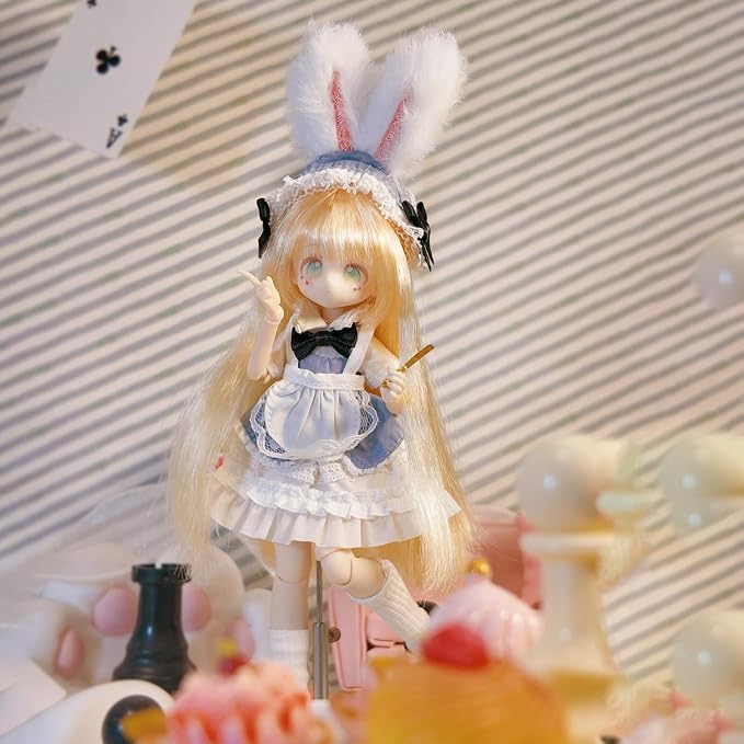 BJD Dolls 1/8 BJD Doll 9" Ball Jointed Doll Dress Up Dolls Collectible Figures Collection Gift for Party Birthday Ages 15 and Up PVC & ABS Costume Included Collectible Figure, Bunny Tea Party