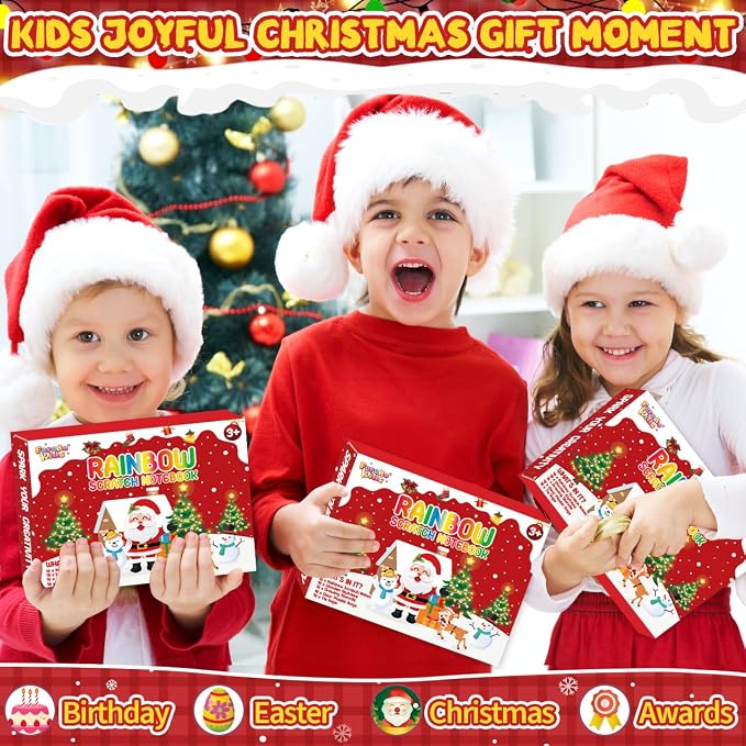 Scratch Paper Art Party Favors for Kids 8-12: 24 Pack Christmas Rainbow Scratch Art Notebook, Christmas Coloring Books Goodie Bags Stuffers for Kids, Bulk Classroom Gifts for Student