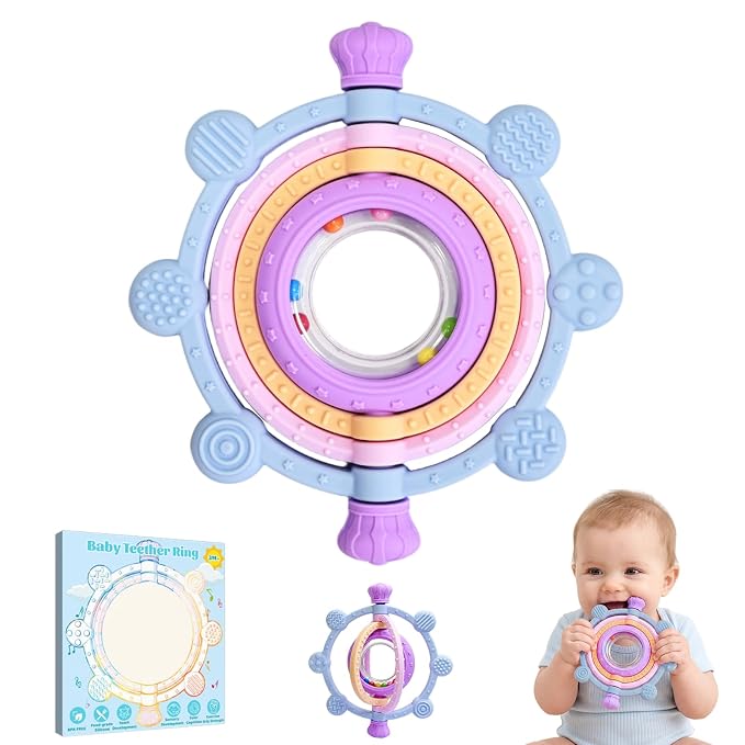 Rotatable Baby Teething Rings Rattle Toys for Infants 3-12 Months, Silicone Baby Teether Sensory Toys with Raised Textured Bumps, Safe & Soft for Chewing, Teething Relief, Soothing Sore Gums, BPA-Free