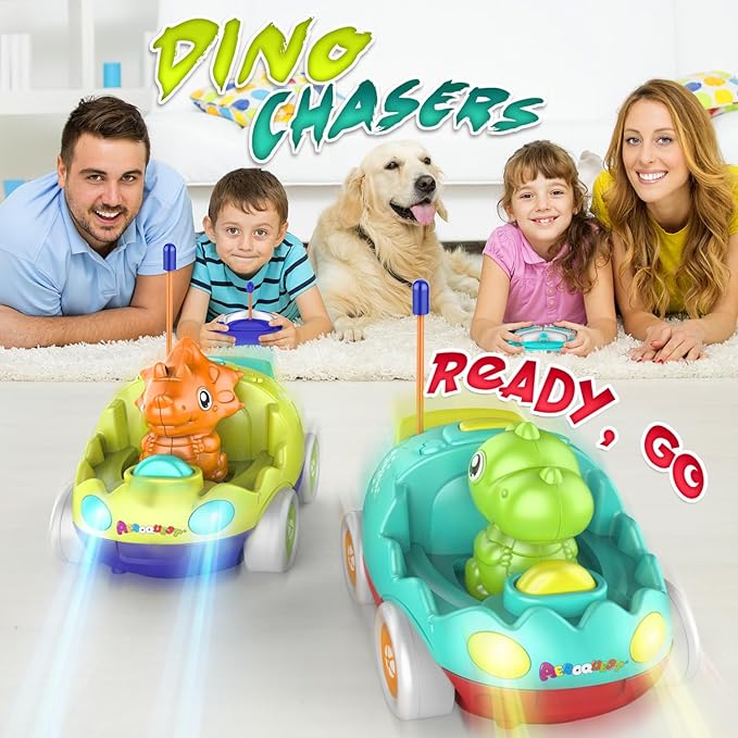 AEROQUEST Remote Control Car for Toddlers Toddler Toys for 18+Months RC Cars with LED Lights & Music Dinosaur Toy for Kids 2 3 4 5 Years Old Birthday Gifts for 3+ Year Old Girls Boys -2 Pack