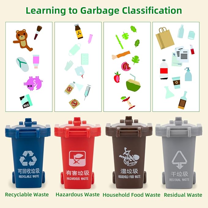 Kids Garbage Recycling Truck Toy, Green Pull-Back Truck Model with Sound & Light, Waste Sorting Learning Cards, Educational Toy, for 3-6 Year Old Boys Girls