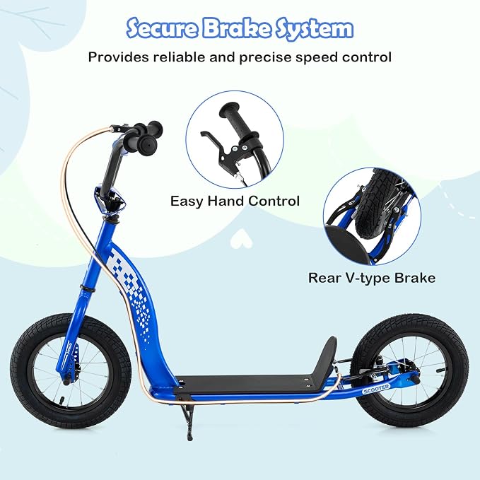 GYMAX Scooter, Kick Scooter for Adults, Teens, Kids with Adjustable Handlebar, 12” Inflatable Wheels, Front Caliper Brake & Non-Slip Deck, Heavy Duty Off-Road Scooter