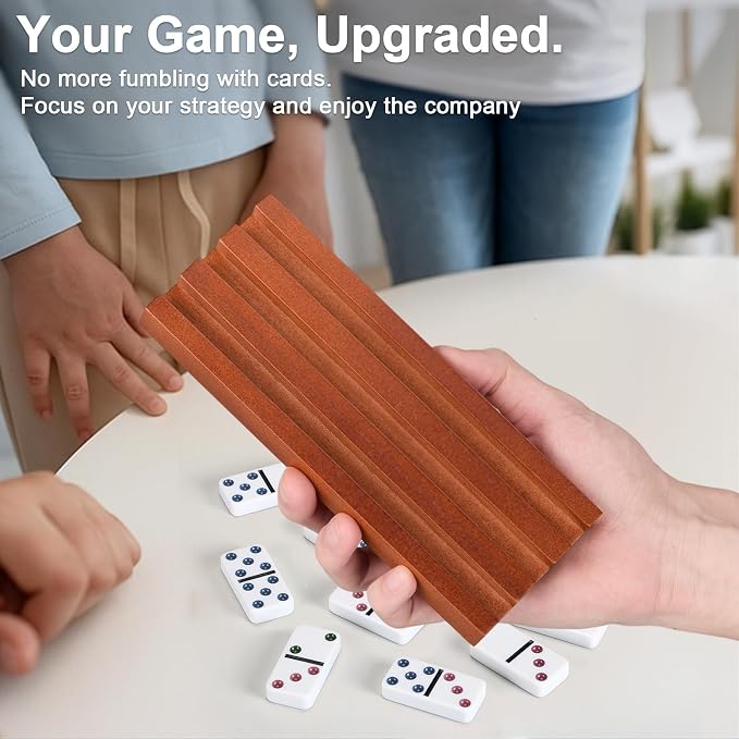Soulchen Walnut Wood Color Wooden Domino Racks Set of 4, Wood Domino Tiles Trays Holders Organizer for Mexican Train Classic Board Accessories, Dominoes Not Included (7.1 x 2.8 Inch)