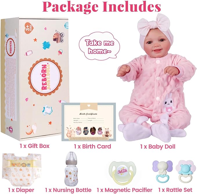 BABESIDE Reborn Baby Dolls Sunny - 17 Inch Cute Realistic Baby Doll with Soft Cloth Body, Poseable Real Life Baby Dolls with Bottle and Accessories for 3+ Years Old Girl Gifts, Pretend Play