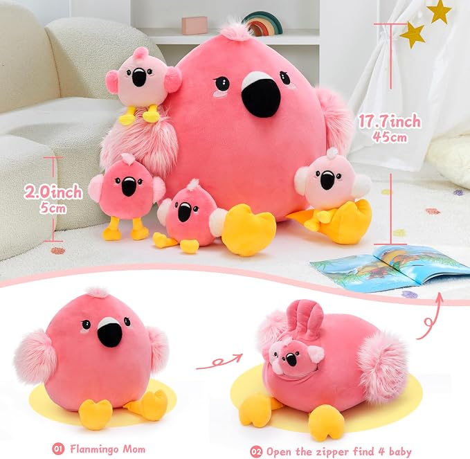 Tezituor Pink Flamingo Stuffed Animal, 5 in 1 Flamingo Plush Toy Pillow with 4 Babies, Zippered Tummy Mommy Flamingo Plushie Gift for Girls Kids, Mother’s Day Valentine’s Day Birthday Christmas