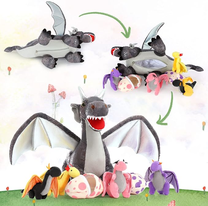 Muiteiur Large Dragon Stuffed Animal Set,21.6 Inch Mommy Dragon with 4 Baby Dragon Plush 2 Eggs,Soft Dragon Plush Toy Gift for Kids Boys Girls