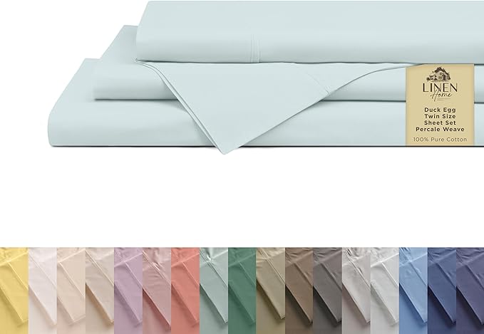 Linen Home 100% Cotton Percale Sheets Twin Size, Blue Duck Egg, Deep Pocket, 3 Pieces Set- 1 Flat, 1 Fitted and 1 Pillowcase, Crisp Cool and Long Staple Strong Bed Linen