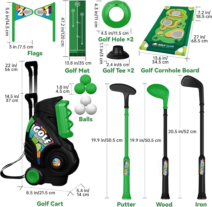 Liberry Toddler Golf Set for Ages 2 3 4 Boys Girls, Kids Golf Cart with Putting Mat & Cornhole Board, Outdoor Indoor Sports Toys Birthday Gifts, Black