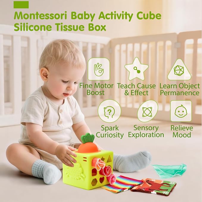 hahaland Silicone Baby Tissue Box Toy - Baby Toys 6-12 Months Montessori Toys for 6 Month Old Babies, 6-in-1 Soft Busy Activity Cube with Scarves, Crinkle, Textures, Mirror, Sensory Popper 9 Month Old