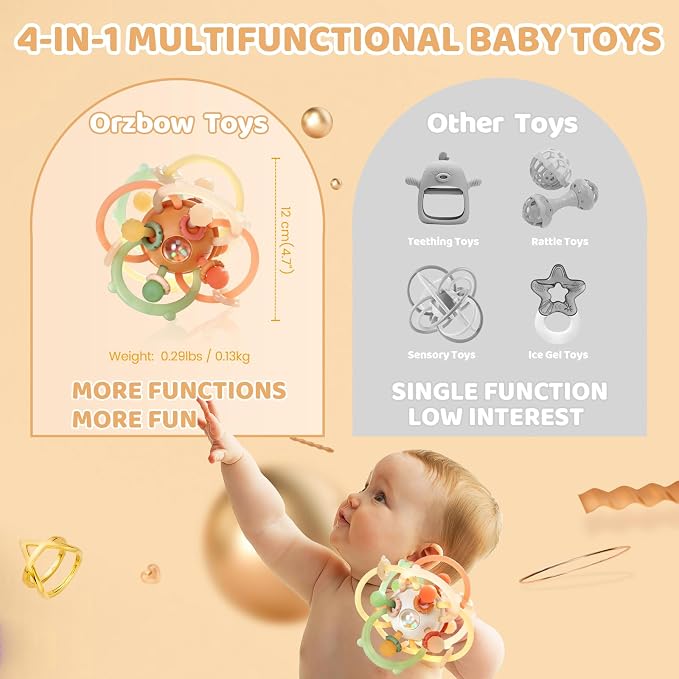 Baby Rattle Teething Toys, Baby Ball Teether Toys for 0 3 6 9 12 18 Months, Silicone Montessori Teethers with Rattle Ball for Newborn Infant, Sensory Delopmental Gift for Boys Girls, Brown