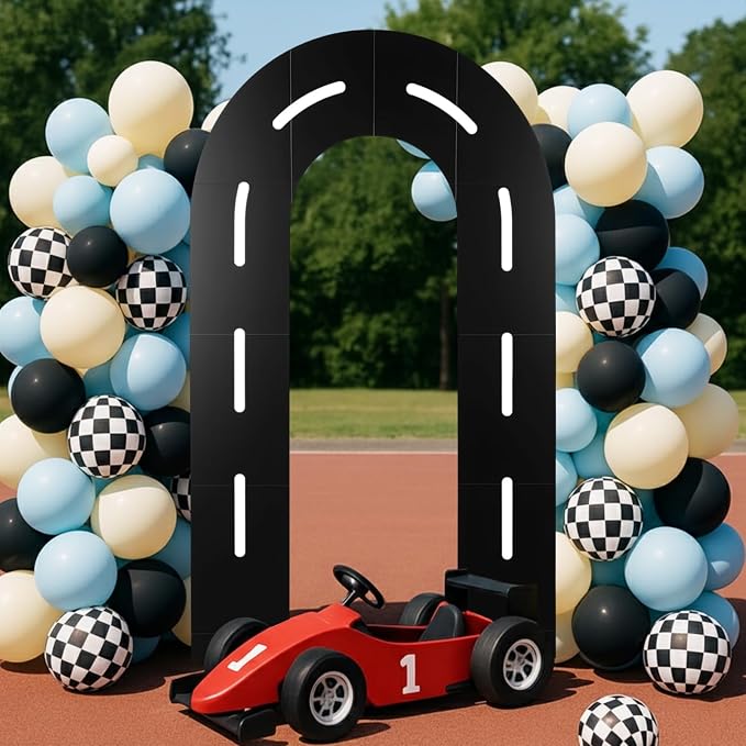 Zhanmai Racing Party Backdrop Decor Open U Shaped Race Track Arch Backdrop Stand with Weighted Water Bag Racetrack Pre-Cut Foam Board Set for Race Car Road Go Kart Birthday Games Party(7 ft)