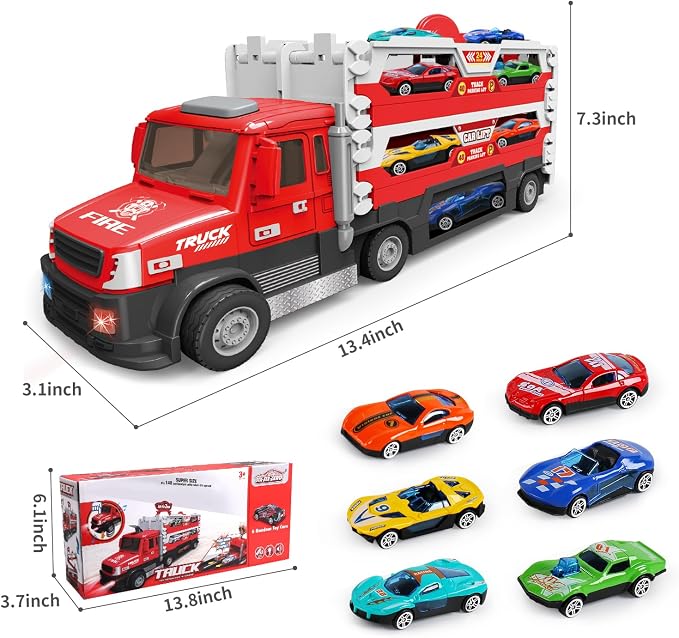 DOWELLIN 6 in 1 Transport Truck Toys for Kids, Police Trucks Carrier Cars with 6Pcs Metal Race Car with Light&Sounds, Toddler Vehicles Toys Gifts for Boys Girls Age 3 4 5 6 7 8-Red