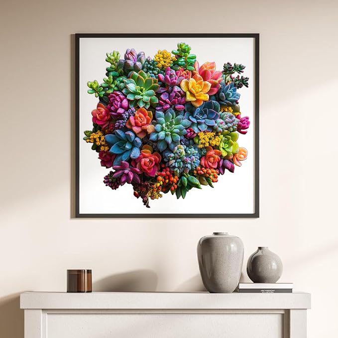 Wooden Puzzles for Adults,500Pieces Colorful Succulent Plants Jigsaw Puzzles,Unique Irregularly Shaped Animal Wooden Jigsaw Puzzle for Adult Family Game Thanksgiving Gift,17.2 * 16.6in