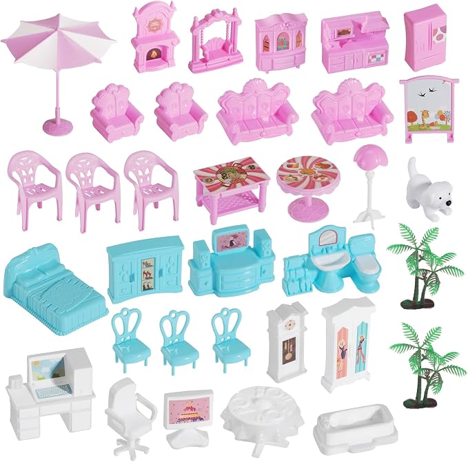 Doll House Set for Girls, Princess House Toys with 4 Dolls Furniture and 4-Story 11 Rooms,Pretend Play DIY with Light Strip for Kids, Building Dolls Playset Toys Kit Gift for Ages 3 4 5 6+