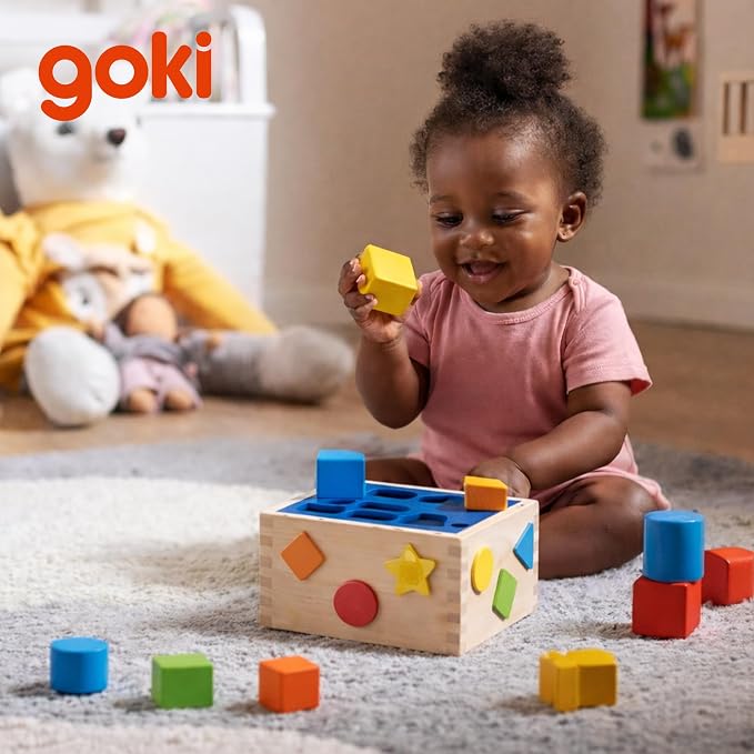 Goki Wooden Shape Sorting Cube for Toddlers 1-3 I 12 Shape Sorter Blocks, Montessori Learning Toy, Color Sorting & Fine Motor Skills Activity Cube