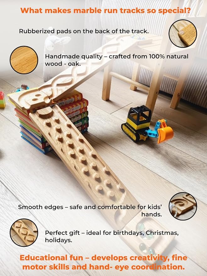 Wooden Marble Run Track Set of 2 Montessori STEM Toy for Kids Race Machine & Maze Board Educational Wooden Roller Track Game – Wind & Whirlpool Run Gift for Children