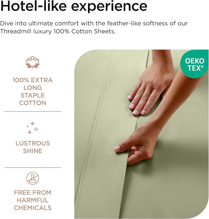 Threadmill 100% Cotton Sheets for Twin Size Bed - 600 Thread Count Twin Bed Sheets Set with 15” Deep Pocket - Sateen Weave 3-Piece Bedding Set with Cooling Effect, Sage Green