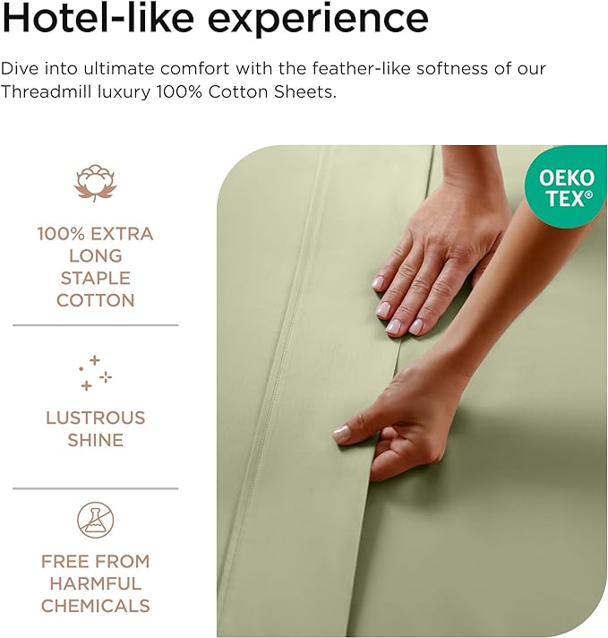 Threadmill 100% Cotton Sheets for Queen Size Bed - 600 Thread Count Queen Bed Sheets Set with 16” Deep Pocket - Sateen Weave 4-Piece Bedding Set with Cooling Effect, Sage Green