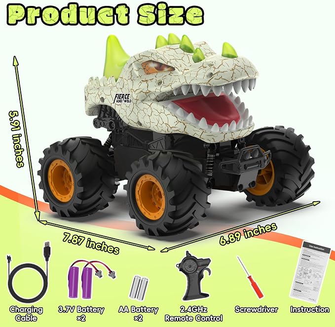 Dinosaur Remote Control Car 2.4GHz RC Monster Truck 1:24 Scale RC Car with LED Lights & Movable Mouth, Rechargeable Dinosaur Toys Birthday Gift for Boys 6-12, Orange