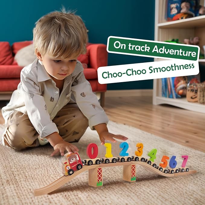 WOODENFUN Number Train Set for 1 2 3 Year Olds, Educational Toy Cars for Toddlers, Montessori Learning Toys for Boys and Girls