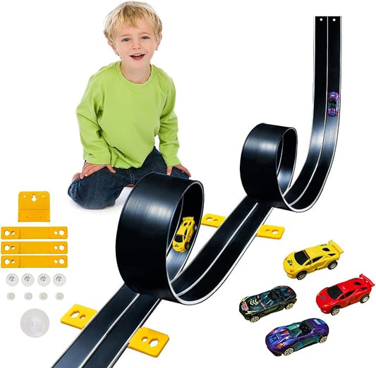 15 Ft Flexible Race Car Track for Kids,Flex Track Starter Set Compatible with Hot Wheels and Diecast 1/64th Cars,Portable Racetrack Roll Up Race Track with 4 Racecars and Suction Cups