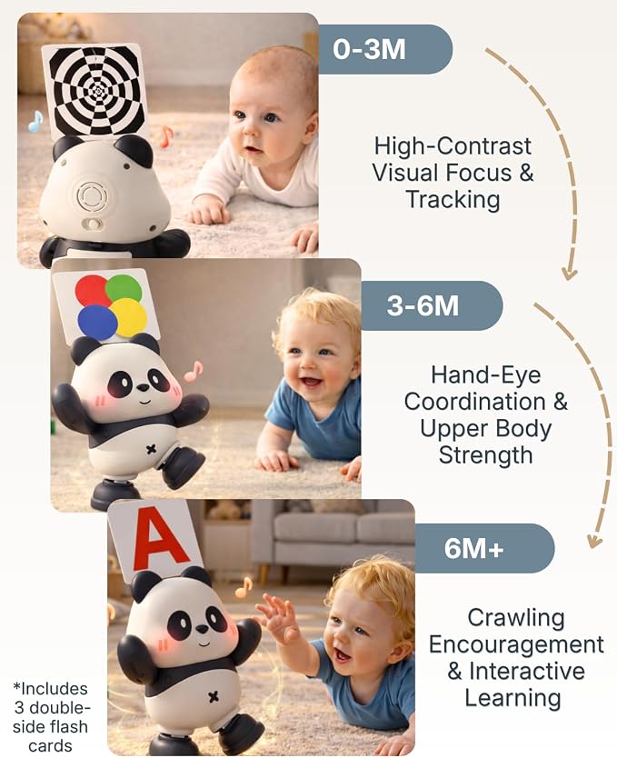 Cuddobaby Dancing Panda High Contrast Musical Toy| Independent Tummy Time 0-6M, Crawling Encourage 6-12M| Light-Up Changes, Hands-Free Flash Card Stand for Newborns, Infants, Drop-Proof