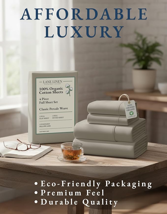 LANE LINEN Full Size Sheets 100% Organic Cotton Soft 4pc Percale - Silver | 100% Organic Cotton Percale Full Sheet Set - Affordable Organic Luxury, Honest-Price Organic Quality, For Hot Sleepers