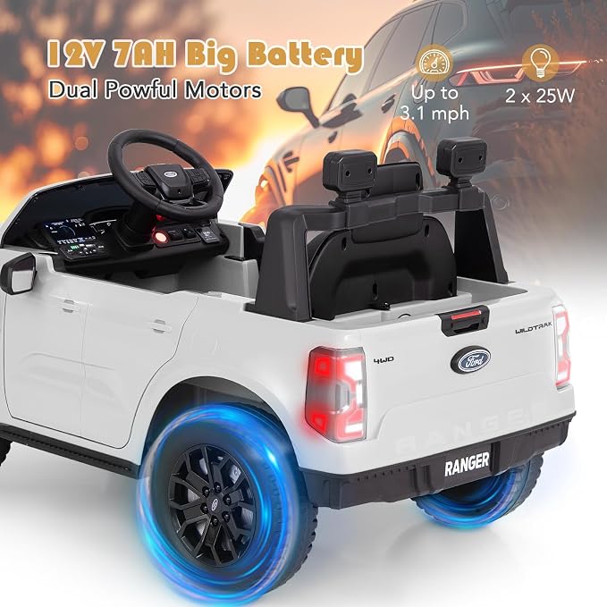 Licensed Ford Ranger Ride on Pickup Truck by INFANS, 12V Battery Powered Electric Vehicle for Kids with Remote Control, Headlight, Power Display, Bluetooth, MP3, Music, Aged 3-6 Years (White)