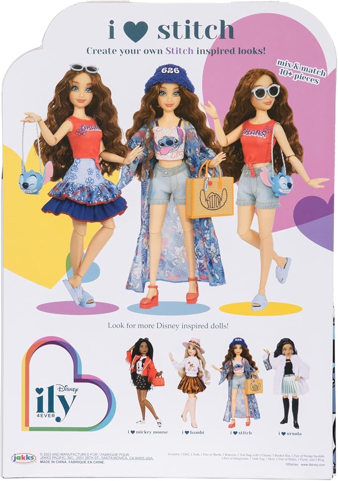 Disney ily 4EVER Dolls Disney 100 - Stitch 11.5" Tall with 13 Points of Articulation, Two Complete Mix-and-Match Outfits and Glittery Mickey Ring for You!