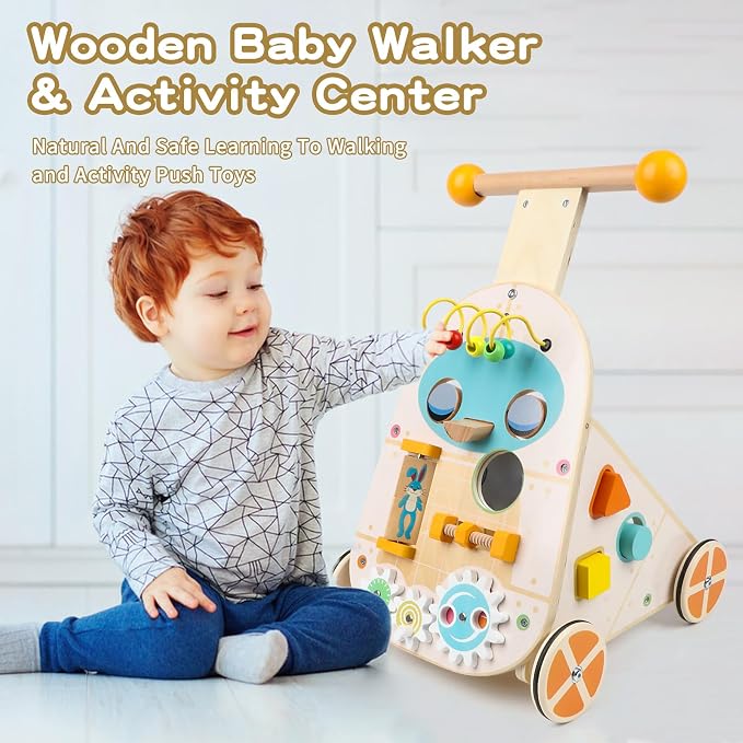 Wooden Baby Walker, Adjustable Speed Baby Push and Pull Learning Activity Walker, Wooden Push Walker Activity Center Toy with 7 Educational Activities, Learning & Walking Toy for Boys Girls