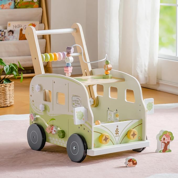 ROBUD Wooden Baby Walker, Height & Speed Adjustable Baby Push Walker with Anti-Slip Wheels, Developmental Activity Center with Forest Toys for 12-36 Months，Green