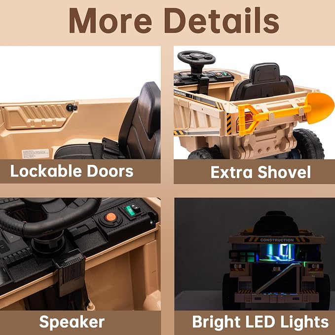 12V Ride On Dump Truck Kids Ride On Car for Kids, Battery Powered Electric Car with Remote Control, Electric Dump Bed, Wear-Resistant Tires, 4 Wheels Tractor Ride On Toys, Khaki